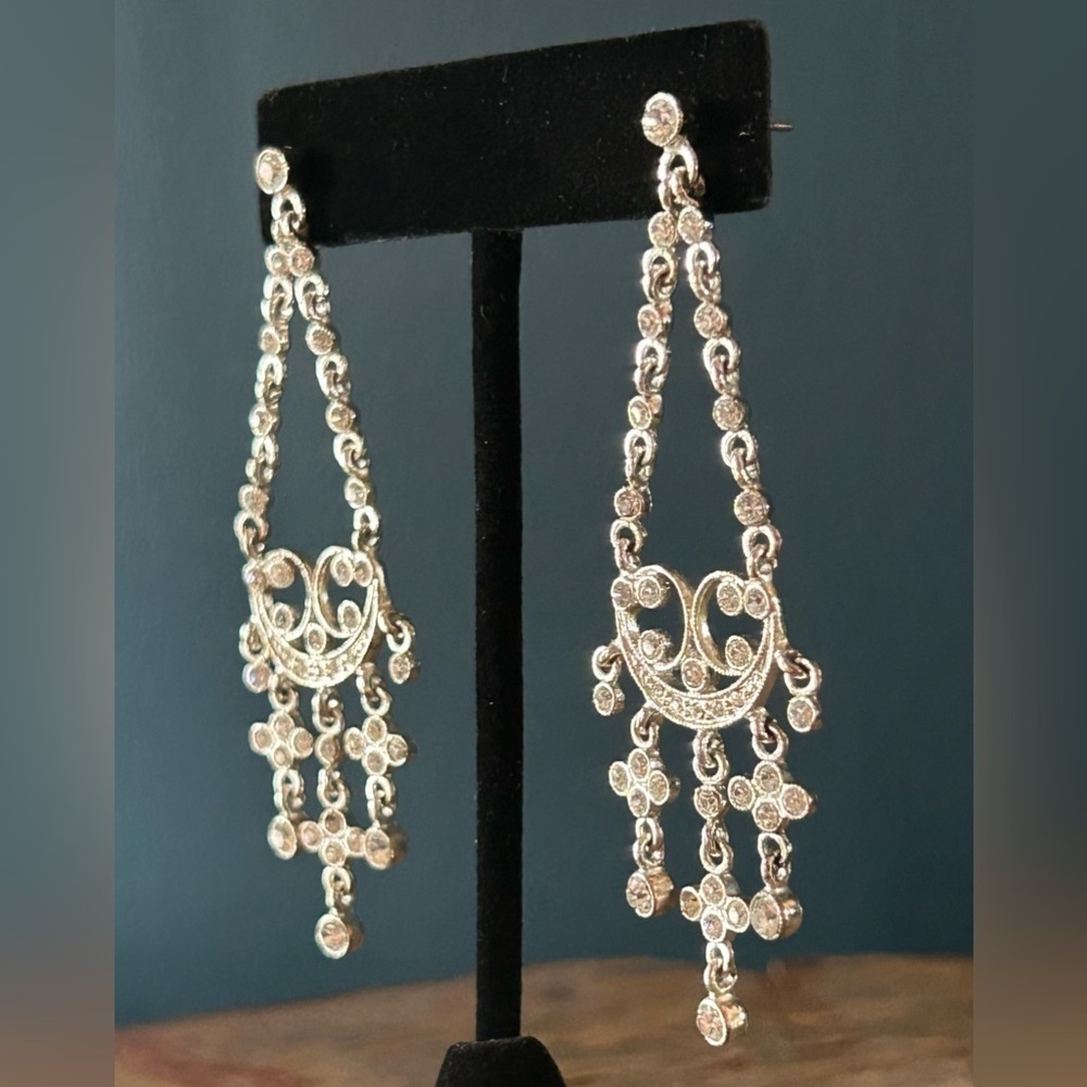 Vintage Monat Crystal Chandelier Silver Tone Pierced Earrings - Picture 8 of 11